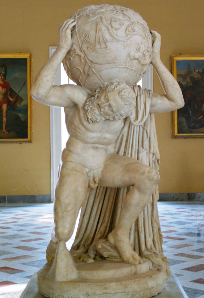 Scultura dell’Atlante Farnese che sostiene la volta celeste sulle spalle